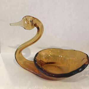 Vintage Viking  Amber Art Glass‎ Swan Candy Dish